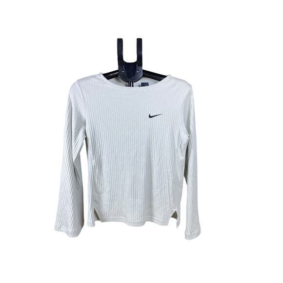 Nike Women’s Ribbed Long Sleeve Top Small White Stretch Tee Activewear Pullover - Picture 2 of 5